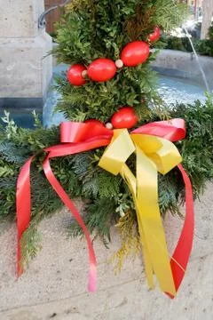 Closeup of easter decoration on a well in front of the St. Walburga Church, B Stock Photos