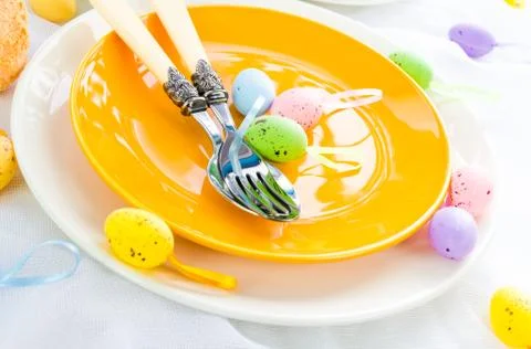 Closeup easter place setting eggs Stock Photos