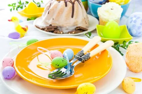 Closeup easter place setting eggs Stock Photos
