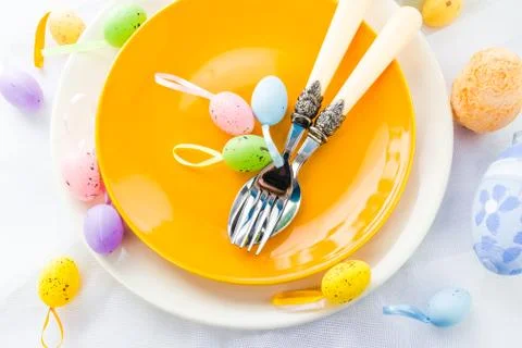 Closeup Easter place setting eggs Stock Photos
