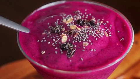 Closeup of Eating Fresh Dragon Fruit for Dessert Stock Footage 71836972