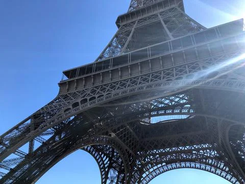 Closeup of the Eiffel Tower pointing up Stock Photos