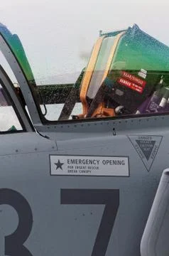 Closeup of ejection seat inside cockpit of modern military jet airplane Stock-Fotos