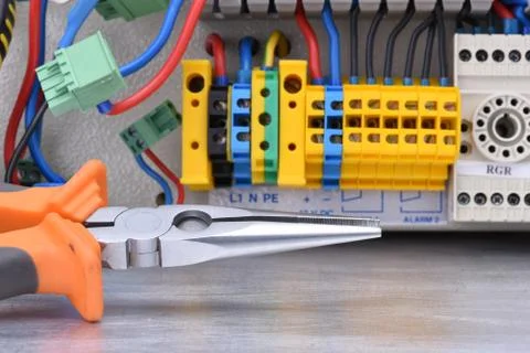 Closeup of electrical tool and devices with switchgear Foto stock