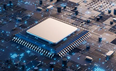 Closeup of electronic circuit board with CPU microchip electronic components  Stock-Illustration