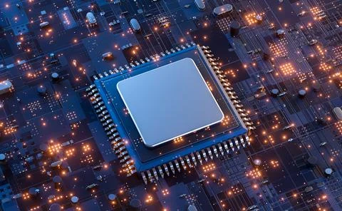 Closeup of electronic circuit board with CPU microchip electronic components  Stock-Illustration