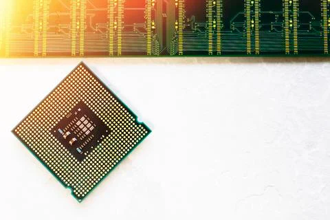 Closeup of an electronic circuit board with a processor. Stock Photos