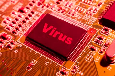 Closeup of an electronic circuit board with a processor. The inscription is a Stock Photos