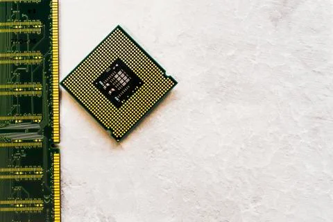 Closeup of an electronic circuit board with a processor. Stock Photos