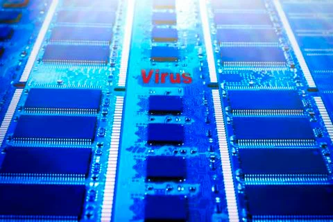 Closeup of an electronic circuit board with a processor. The inscription is a Stock Photos