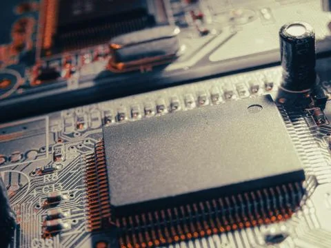 Closeup on electronic computer board. Electronic circuit board with process.. Stock Photos