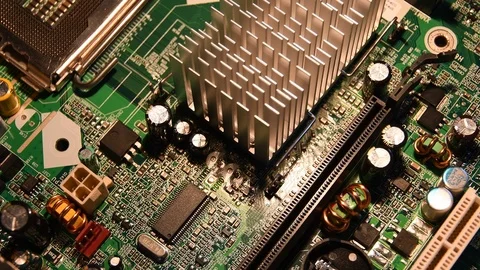 Closeup on electronic pc motherboard. Stock Footage 93925832