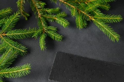 Closeup of an empty slate on a dark table. Kitchen Utensils on the Christmas  Stock Photos