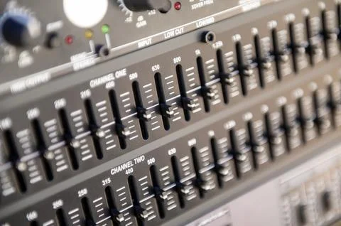 Closeup of equalizer mixer switch of sound equipment Stock Photos
