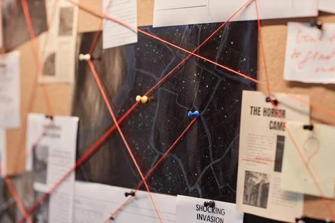 Closeup evidence board with red thread connecting map and pictures Stock-Fotos