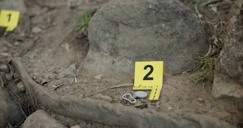 Closeup, evidence marker and forensic for investigation at crime scene with keys Stock Footage 269369971