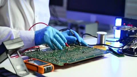 Closeup of expert soldering a green PCB board using precision tools. Ideal .. Stock Footage 312773894