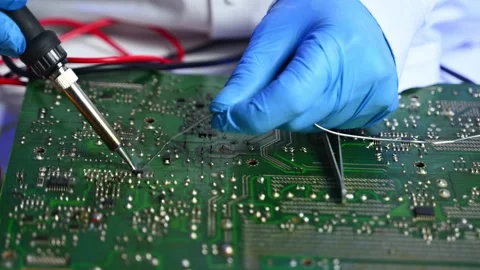 Closeup of expert soldering a green PCB board using precision tools. Ideal .. Stock Footage 312773929