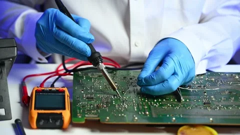 Closeup of expert soldering a green PCB board using precision tools. Ideal .. Stock Footage 312773944