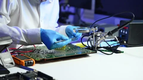 Closeup of expert soldering a green PCB board using precision tools. Ideal .. Stock Footage 312773947