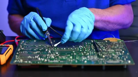 Closeup of expert soldering a green PCB board using precision tools. Ideal .. Stock Footage 312773984