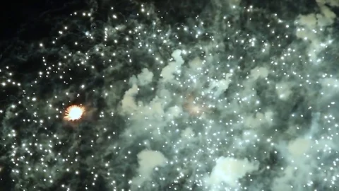 Closeup of extremely dense flashing diamond-like fireworks against the night sky Stock Footage 91315700