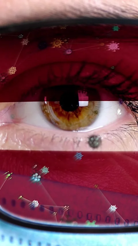 Closeup, eye, part of doctor face in medical mask, glasses, which painted in Stock Footage 318355281