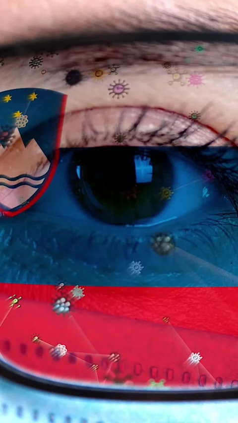 Closeup, eye, part of doctor face in medical mask, glasses, which painted in Stock Footage 318727281