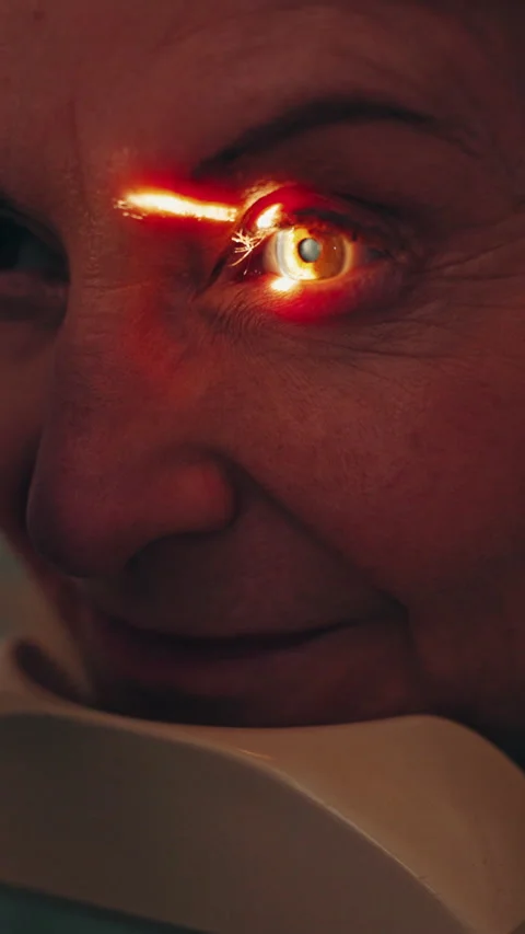 Closeup, eye scan and old woman with optometry, consultation and vision machine Stock Footage 318783676