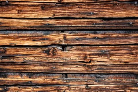 Closeup of the facade of a typical Alpine hut, the Dolomite Alps in South Tir Stock Photos