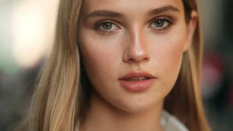 Closeup face of beautiful blond smiling woman with long hair. Portrait of Stock Footage 160767297