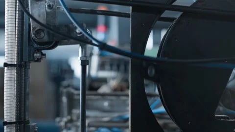 Closeup factory machine pipes of technological automated metal automat moving Stock Footage 169872061