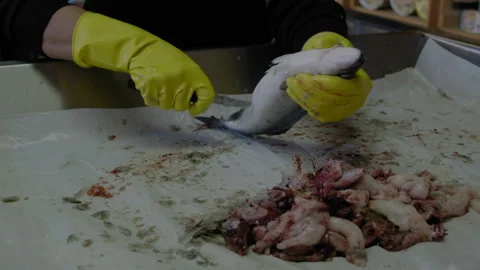 Closeup of farmer hands cleans a fish at a rural market in Europe Video stock 145484019