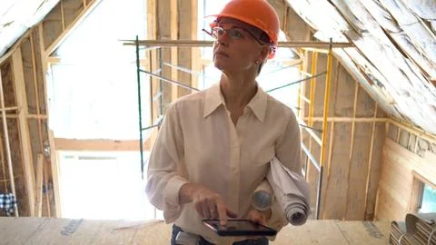 Closeup of female mechanical engineer with hard hat doing walkthrough inspection Fotos de archivo