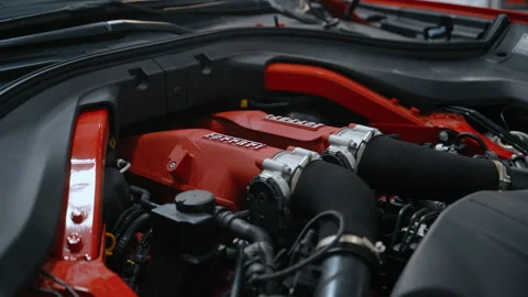 Closeup of a Ferrari engine inside a luxury sports car. Naperville IL USA 10 Stock Footage 335966562