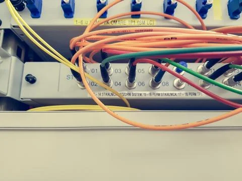 Closeup of fiber optic cable plugged into switch Stock Photos