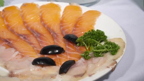 Closeup of the fish cold cuts Stock Footage 74090687