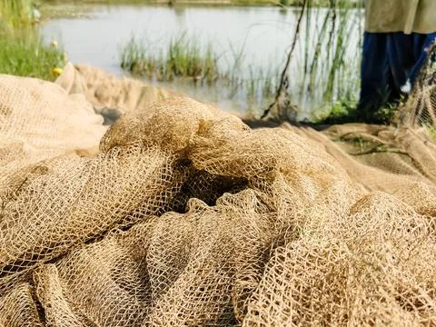 Closeup of a fish net kept on the side of a pond Stock Photos