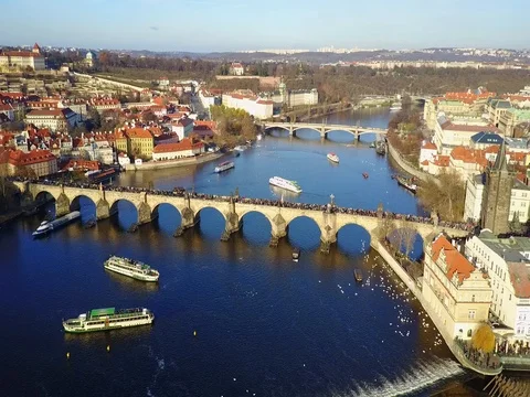 Closeup flight over Charles bridge Prague 스톡 동영상 74768879