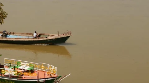 Closeup of floating boat in Irrawaddy river in Myanmar Stock Footage 61347715