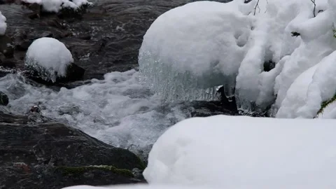 Closeup of flowing water in slow motion, frozen winter river nature Stock Footage 150353098
