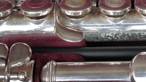 Closeup of flute in a lined case, showing detailed keys. Video stock 344141721