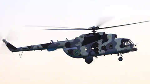 Closeup of flying helicopter with working propeller Stock Footage 260005996