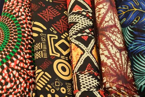 Closeup of folded multicolor patterned African Ghanaian traditional cotton print Stock Photos