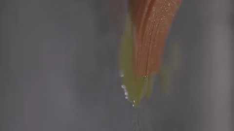 Closeup footage of adding melted ghee on a stainless baking tray with an orange Stock Footage 276794435