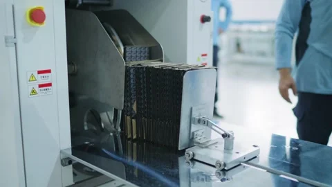 Closeup footage of cardboards getting printed with labels at printing factory Stock Footage 313577996