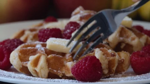 Closeup of Fork in Delicious Belgian Waffles Stock Footage 114211791