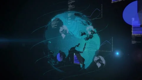 Closeup forming into dotted cyan globe rotating with charts pulsing and code Stock Footage 329453592