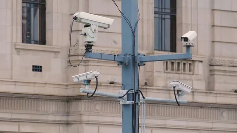 Closeup of four traffic security camera surveillance CCTV on the road in thecity Stock Footage 86068987