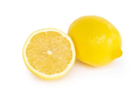 Closeup fresh lemon fruit slice isolated on white background, food and health Stock Photos